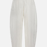 The Harlo Pleated Stripe Suit Pants by RALPH LAUREN COLLECTION are white, high-waisted cotton-blend trousers with black pinstripes, a relaxed carrot silhouette, and back welt pockets; shown from the back against a plain background.