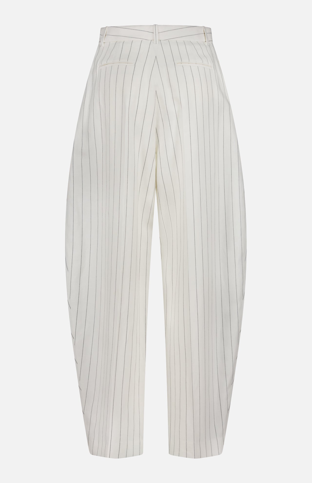 The Harlo Pleated Stripe Suit Pants by RALPH LAUREN COLLECTION are white, high-waisted cotton-blend trousers with black pinstripes, a relaxed carrot silhouette, and back welt pockets; shown from the back against a plain background.