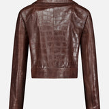 Back view of the Jaxson Leather Moto Jacket by RALPH LAUREN COLLECTION, a brown long-sleeve jacket crafted from faux-crocodile leather with a striking crocodile pattern and cropped fit, displayed against a white background—a style evocative of Ralph Lauren’s signature outerwear.