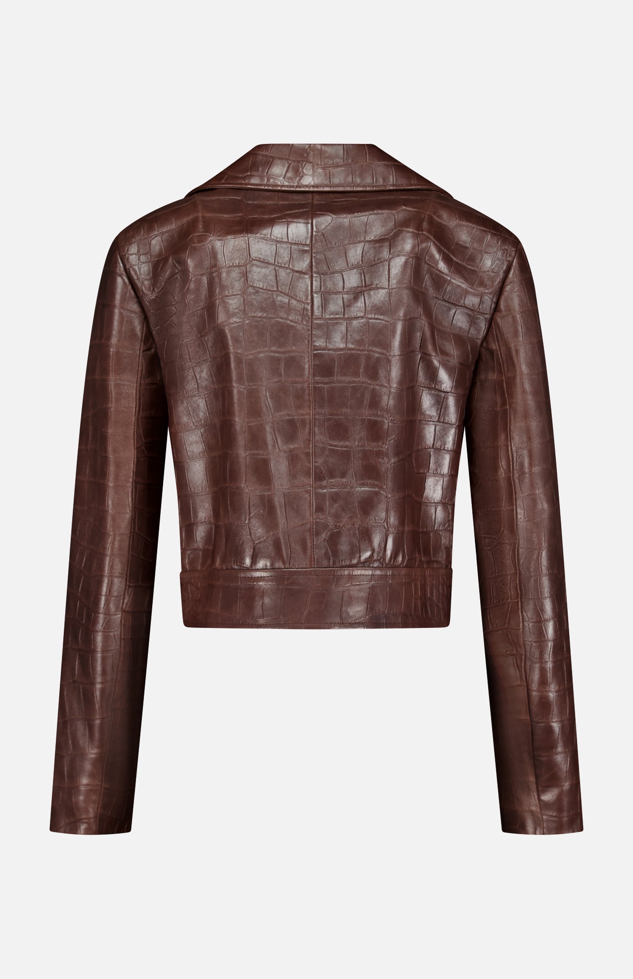 Back view of the Jaxson Leather Moto Jacket by RALPH LAUREN COLLECTION, a brown long-sleeve jacket crafted from faux-crocodile leather with a striking crocodile pattern and cropped fit, displayed against a white background—a style evocative of Ralph Lauren’s signature outerwear.