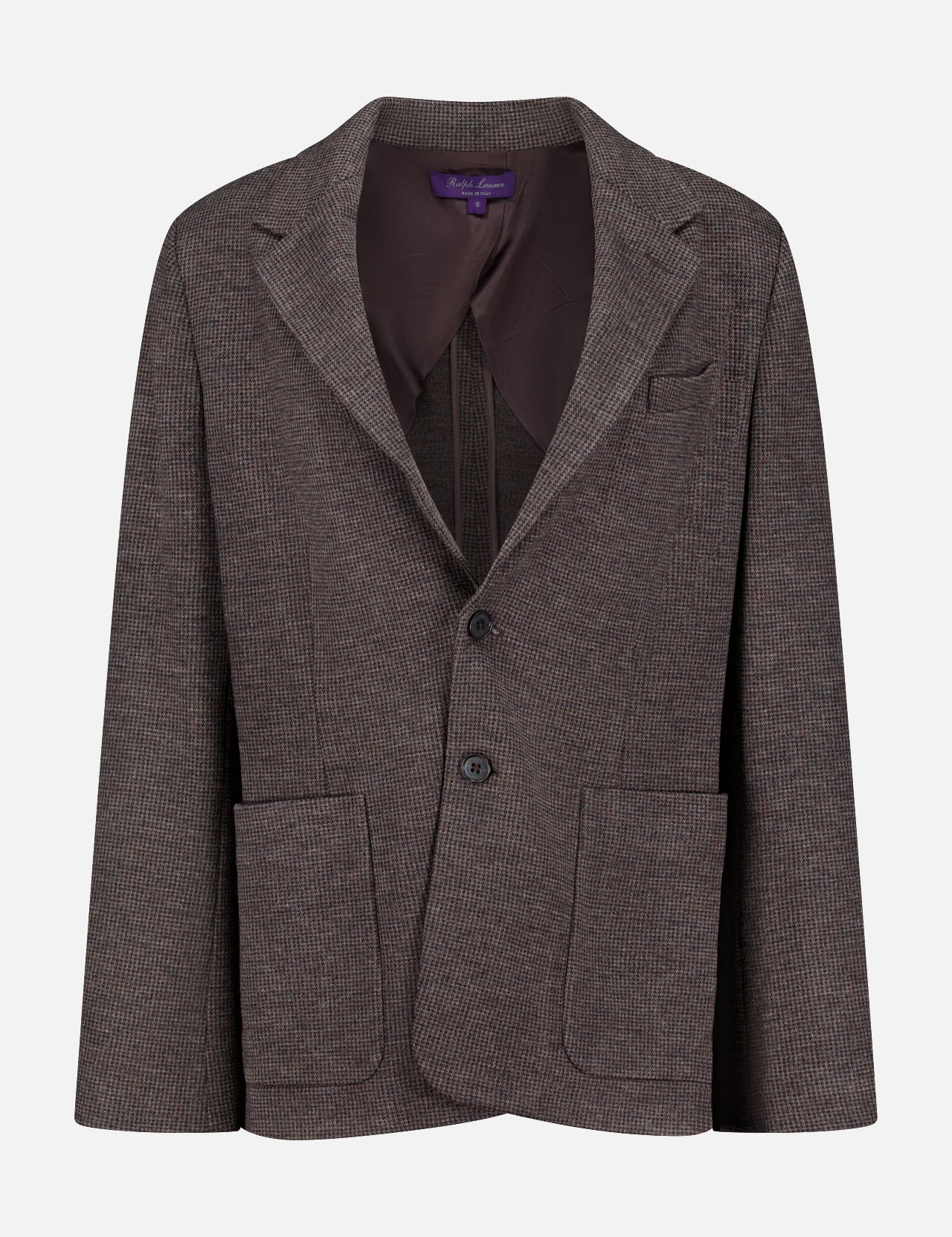 The Jersey Knit Blazer from RALPH LAUREN COLLECTION features a brown checkered pattern, two front patch pockets, a notch lapel, two-button closure, and a chest pocket. Displayed on a plain white background, this Italian-made blazer blends classic design with refined craftsmanship.