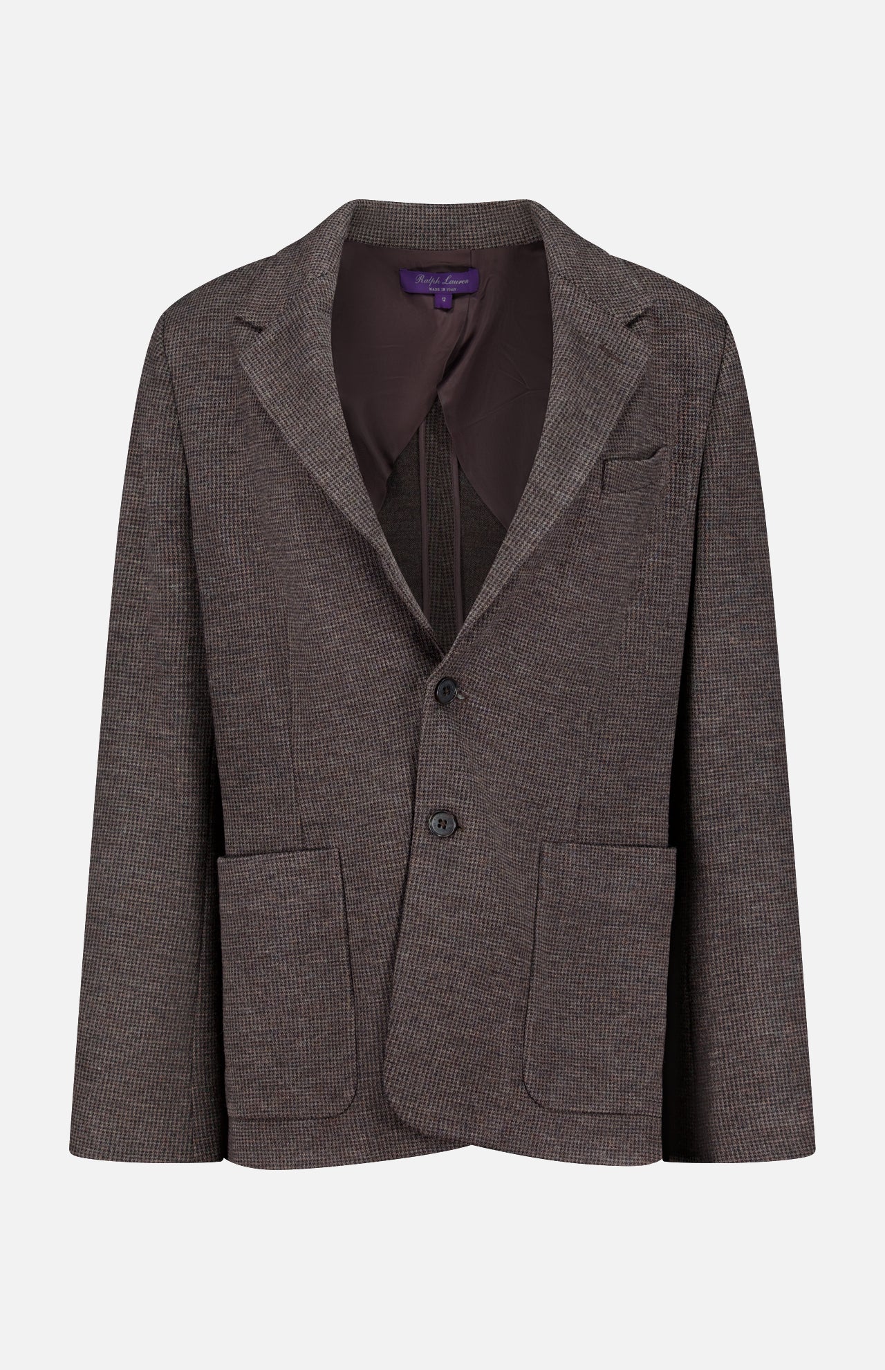 The Jersey Knit Blazer from RALPH LAUREN COLLECTION features a brown checkered pattern, two front patch pockets, a notch lapel, two-button closure, and a chest pocket. Displayed on a plain white background, this Italian-made blazer blends classic design with refined craftsmanship.