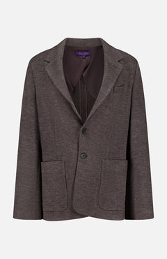 The Jersey Knit Blazer from RALPH LAUREN COLLECTION features a brown checkered pattern, two front patch pockets, a notch lapel, two-button closure, and a chest pocket. Displayed on a plain white background, this Italian-made blazer blends classic design with refined craftsmanship.