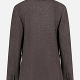 A brown, long-sleeve Jersey Knit Blazer by RALPH LAUREN COLLECTION is shown from the back, featuring subtle pinstripes, a classic collar, and buttoned cuffs for an elegant touch reminiscent of Italian tailoring.