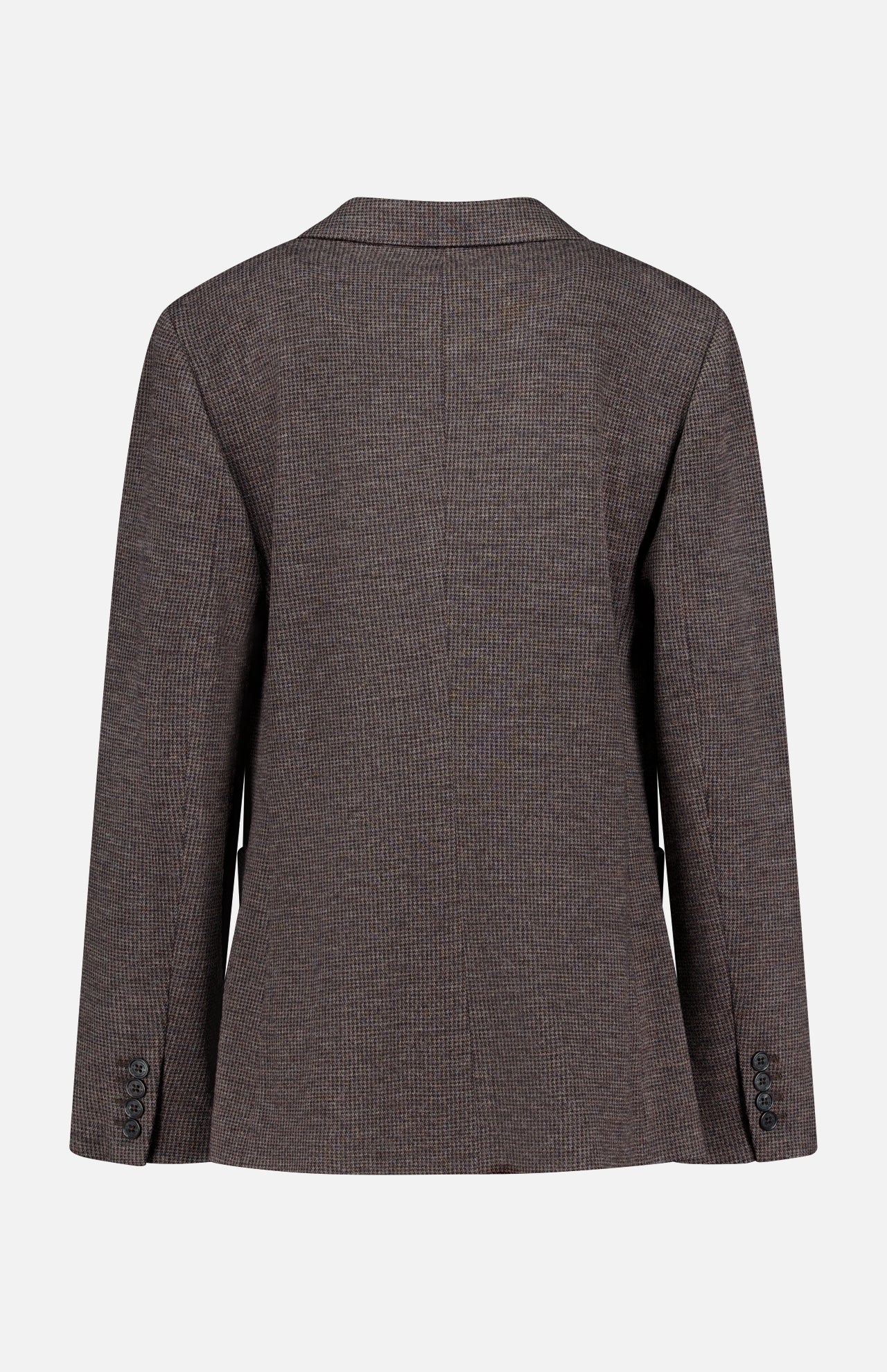 A brown, long-sleeve Jersey Knit Blazer by RALPH LAUREN COLLECTION is shown from the back, featuring subtle pinstripes, a classic collar, and buttoned cuffs for an elegant touch reminiscent of Italian tailoring.