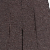 Close-up of brown, textured Jersey Knit Standard Straight Pants by RALPH LAUREN COLLECTION, featuring a subtle plaid pattern. The image shows the waistband, front seams, and part of the upper legs, highlighting the woven fabric expertly crafted for a formal or business look reminiscent of Italian tailoring.