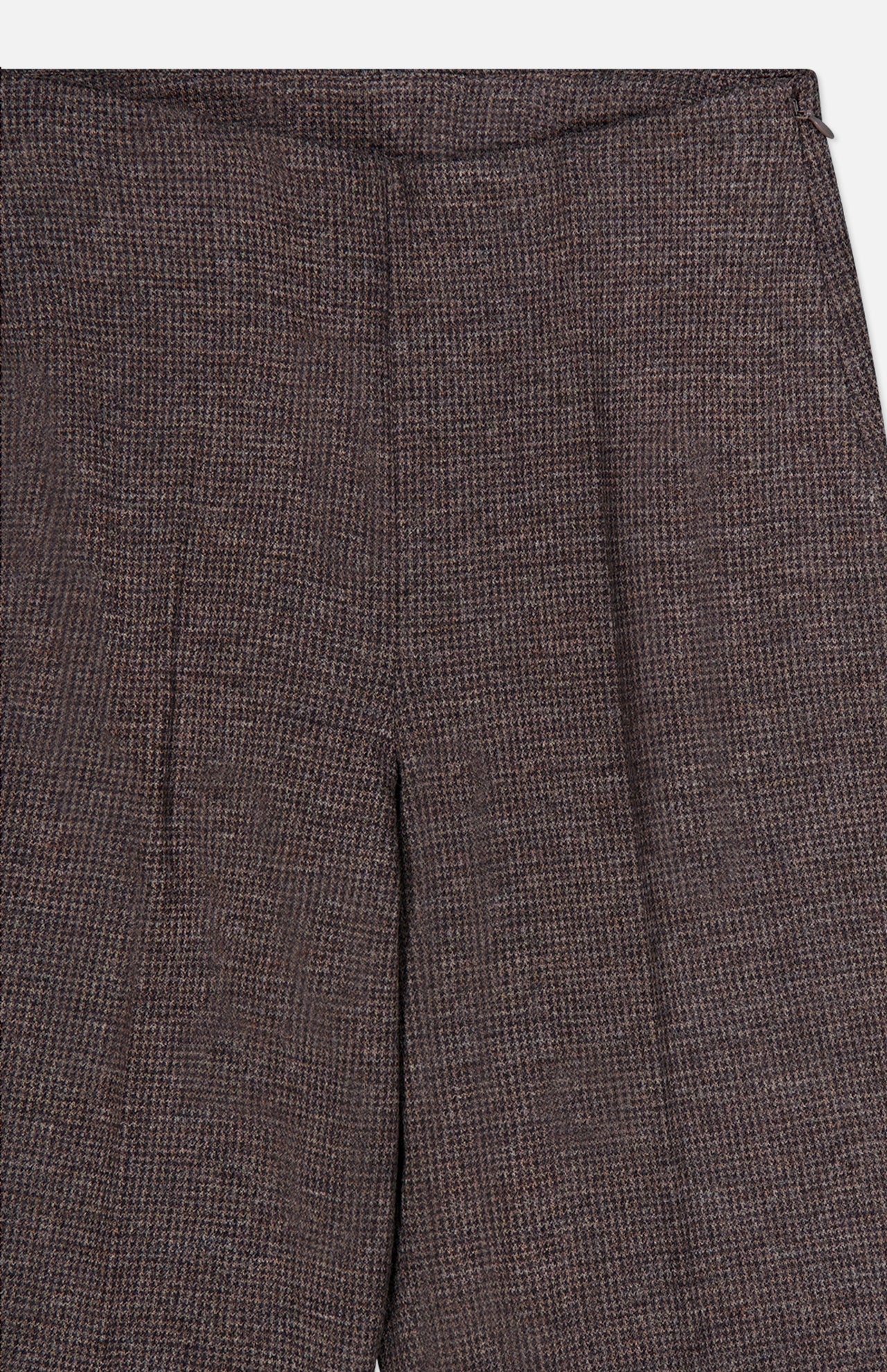 Close-up of brown, textured Jersey Knit Standard Straight Pants by RALPH LAUREN COLLECTION, featuring a subtle plaid pattern. The image shows the waistband, front seams, and part of the upper legs, highlighting the woven fabric expertly crafted for a formal or business look reminiscent of Italian tailoring.