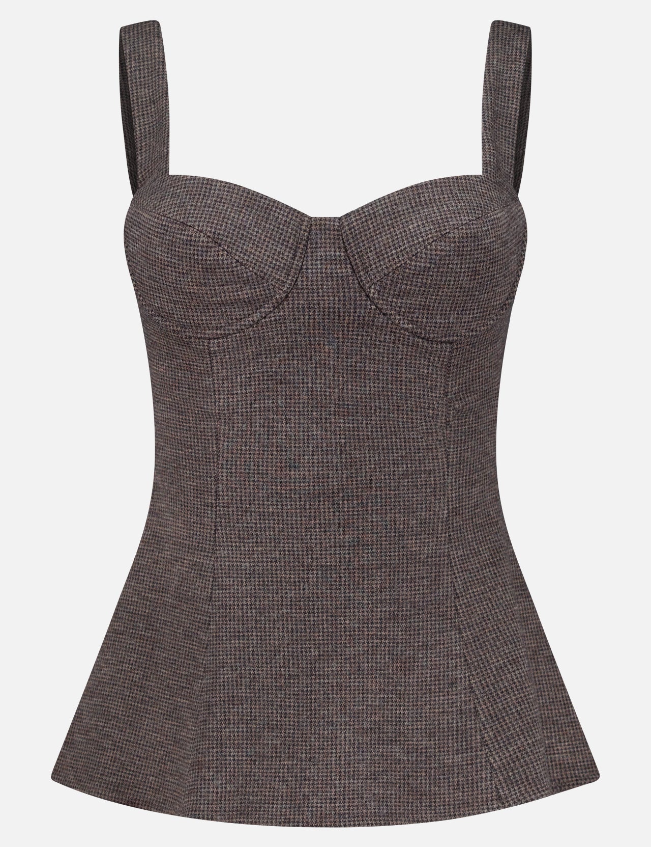 The Jersey Knit Sweetheart Tank Top by RALPH LAUREN COLLECTION features a gray plaid design with thick shoulder straps, structured cups, and a flared waist. Its subtle checkered pattern evokes classic wool jersey, adding elegance to the contemporary corset-inspired silhouette. The top is shown against a plain white background.