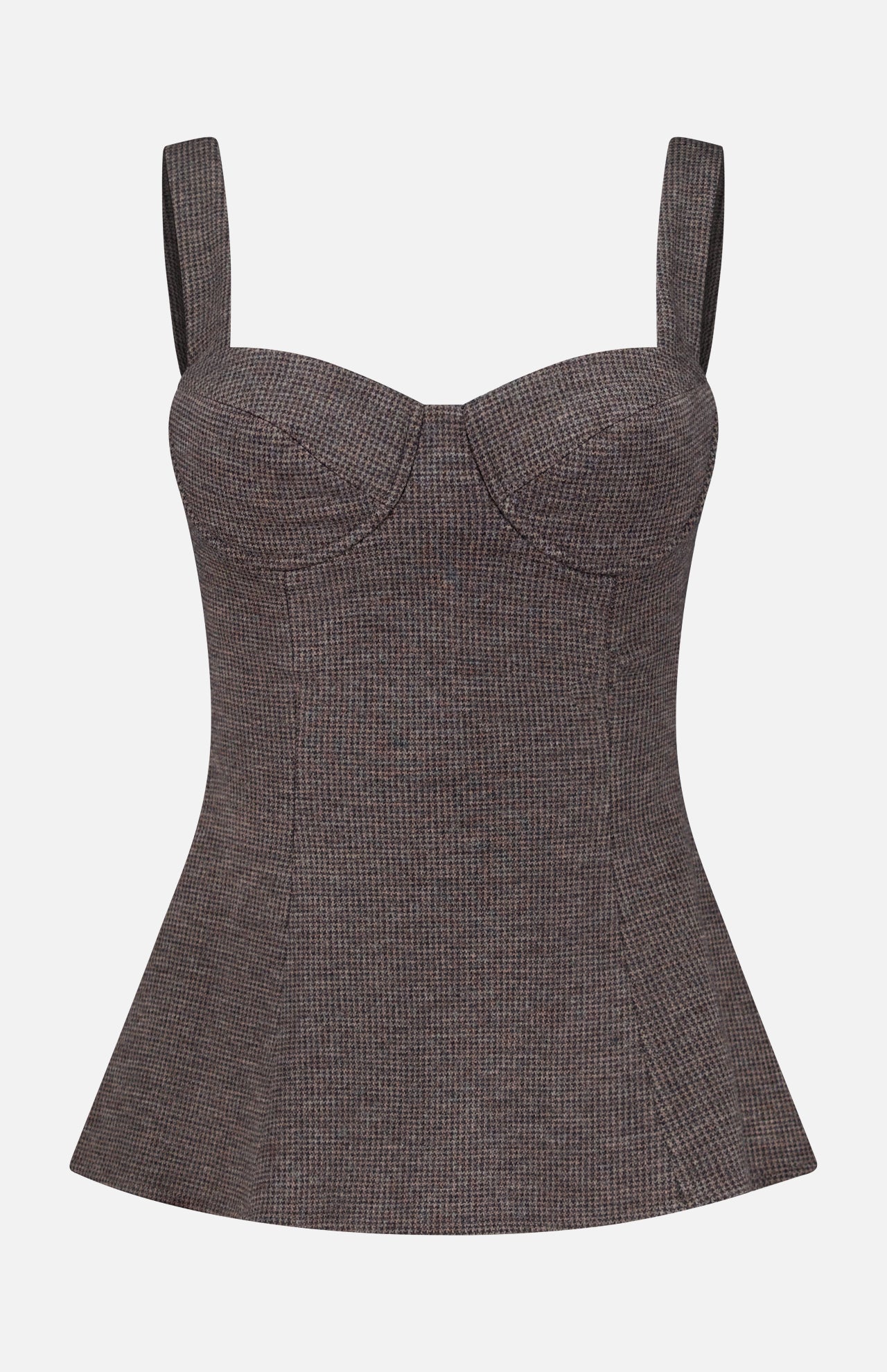 The Jersey Knit Sweetheart Tank Top by RALPH LAUREN COLLECTION features a gray plaid design with thick shoulder straps, structured cups, and a flared waist. Its subtle checkered pattern evokes classic wool jersey, adding elegance to the contemporary corset-inspired silhouette. The top is shown against a plain white background.