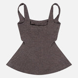 RALPH LAUREN COLLECTION’s Jersey Knit Sweetheart Tank Top, a sleeveless brown top crafted from soft wool jersey, features thick shoulder straps, a corset-inspired square neckline, and a flared hem, shown laid flat on a white background.