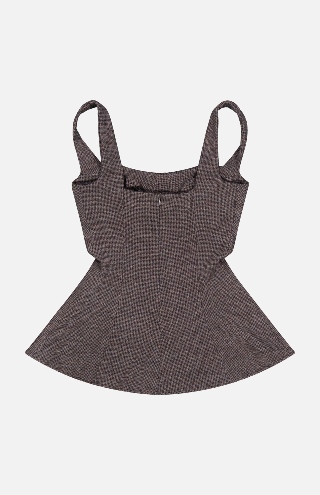 RALPH LAUREN COLLECTION’s Jersey Knit Sweetheart Tank Top, a sleeveless brown top crafted from soft wool jersey, features thick shoulder straps, a corset-inspired square neckline, and a flared hem, shown laid flat on a white background.
