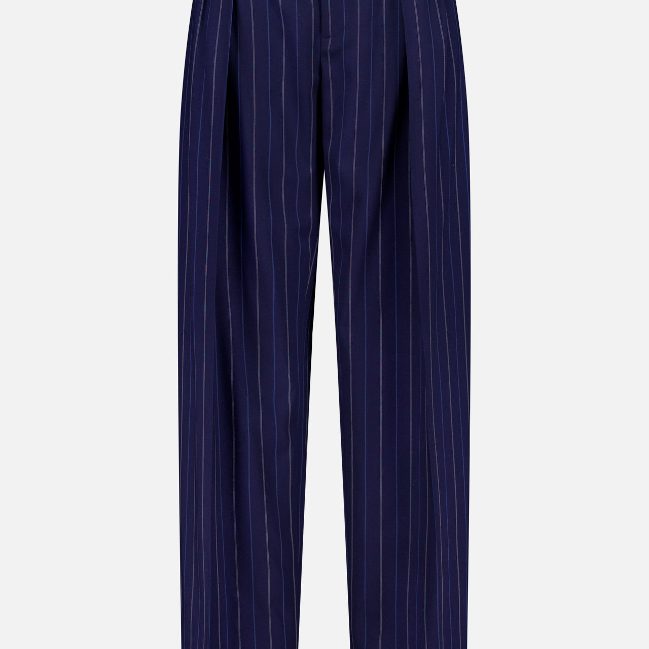 The Jody Pleated Trouser Pant by RALPH LAUREN COLLECTION features dark blue ultrafine wool crepe with vertical white pinstripes, front pleats, belt loops, and a straight-leg silhouette, shown against a plain white background.