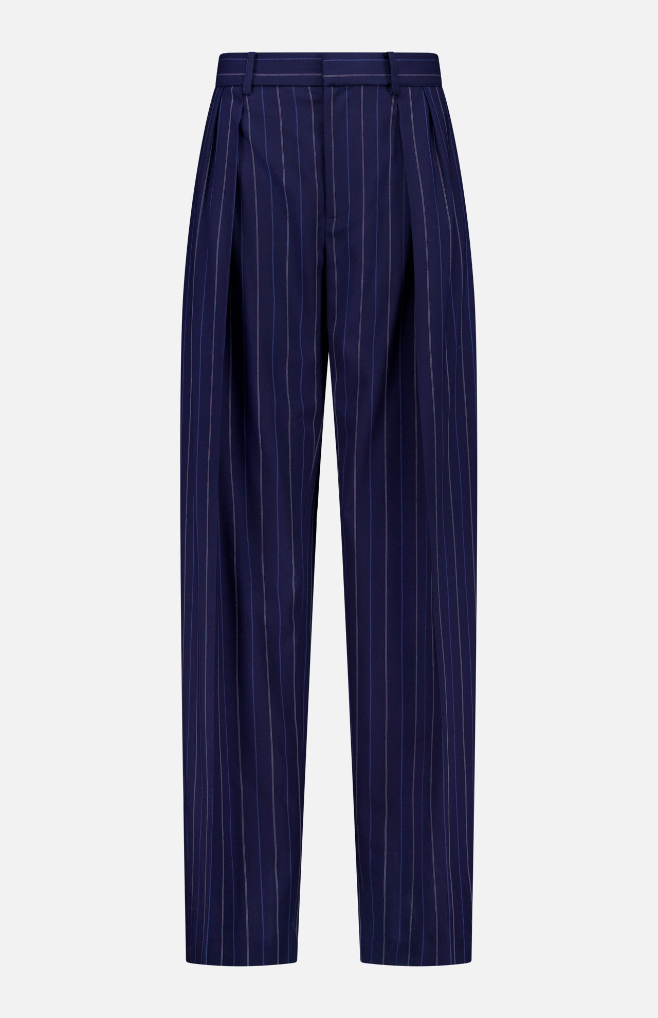 The Jody Pleated Trouser Pant by RALPH LAUREN COLLECTION features dark blue ultrafine wool crepe with vertical white pinstripes, front pleats, belt loops, and a straight-leg silhouette, shown against a plain white background.