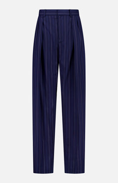 The Jody Pleated Trouser Pant by RALPH LAUREN COLLECTION features dark blue ultrafine wool crepe with vertical white pinstripes, front pleats, belt loops, and a straight-leg silhouette, shown against a plain white background.