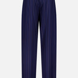 The Jody Pleated Trouser Pant from RALPH LAUREN COLLECTION is crafted in navy blue ultrafine wool crepe with white pinstripes, featuring a straight-leg cut, single back button pocket, and waistband belt loops. Displayed on a plain white background.