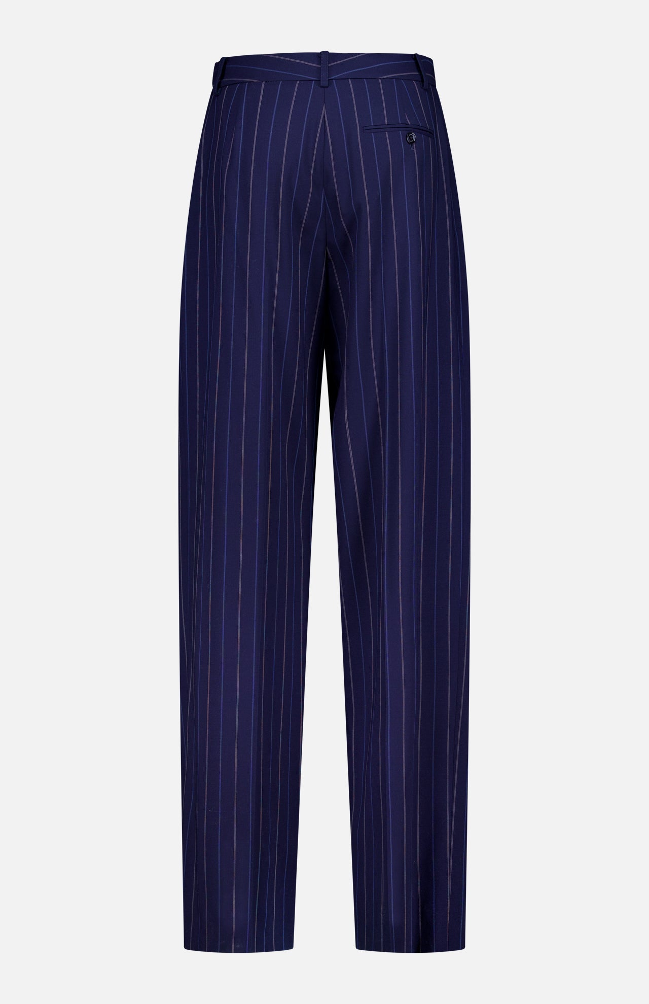 The Jody Pleated Trouser Pant from RALPH LAUREN COLLECTION is crafted in navy blue ultrafine wool crepe with white pinstripes, featuring a straight-leg cut, single back button pocket, and waistband belt loops. Displayed on a plain white background.