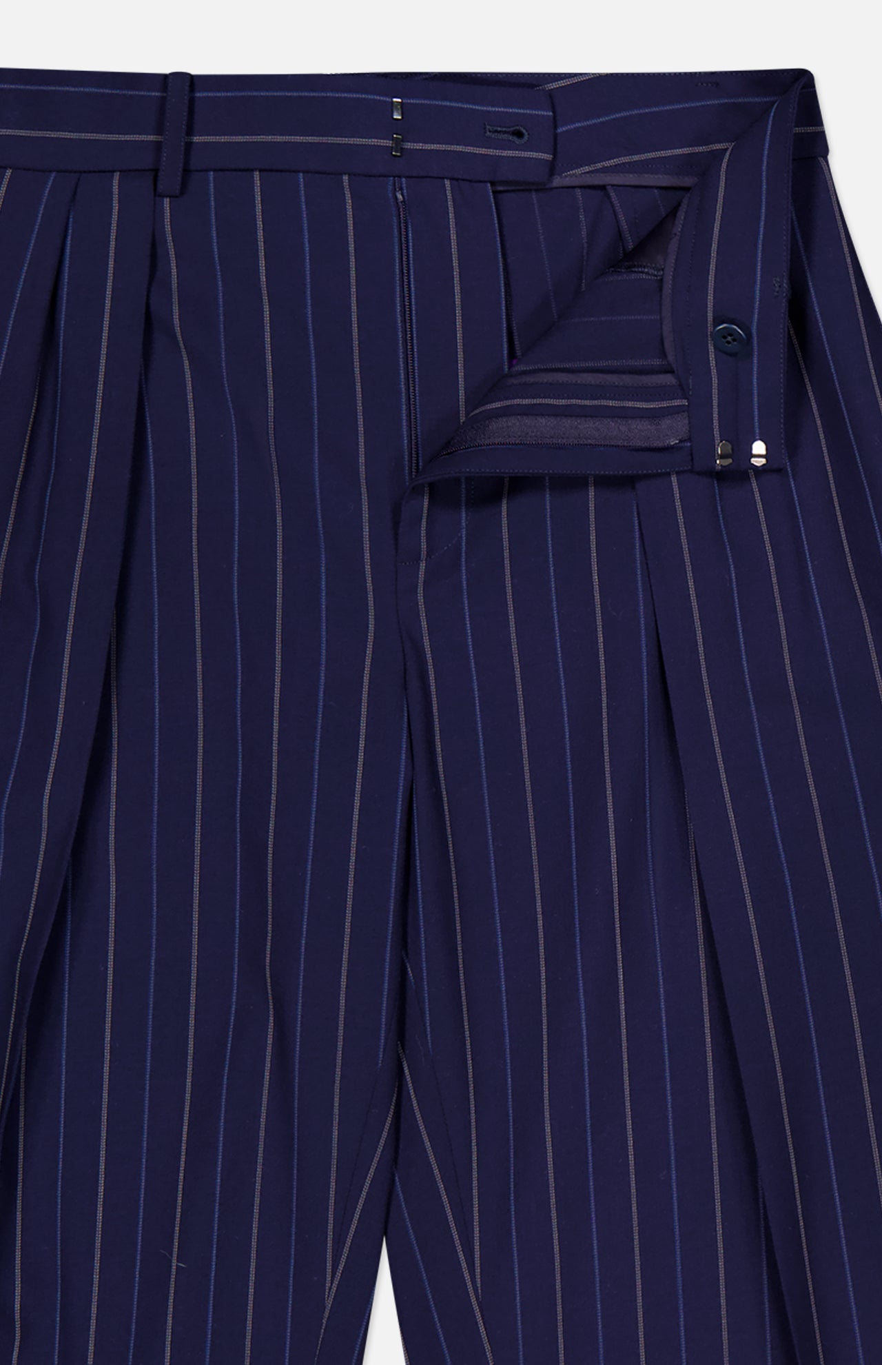 The Jody Pleated Trouser Pant by RALPH LAUREN COLLECTION features navy pinstripes in ultrafine wool crepe, with pleats and a straight-leg silhouette, shown partially unzipped to display the inner waistband and closure details.