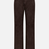 The Keegan Suede Full Length Pant by RALPH LAUREN COLLECTION is a pair of dark brown mid-rise straight leg lamb suede pants with belt loops and a flat front, made in Italy, shown against a plain white background.