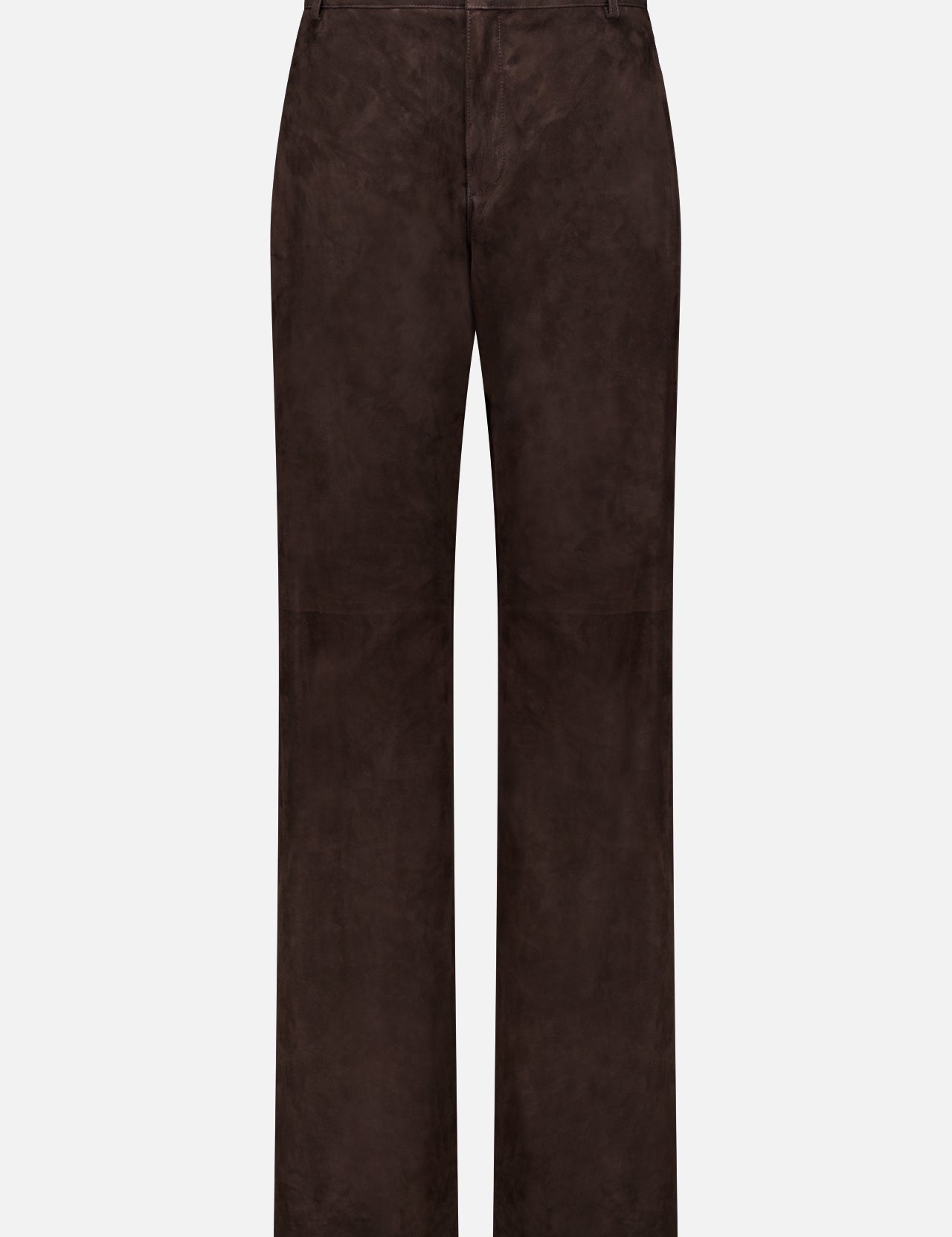 The Keegan Suede Full Length Pant by RALPH LAUREN COLLECTION is a pair of dark brown mid-rise straight leg lamb suede pants with belt loops and a flat front, made in Italy, shown against a plain white background.