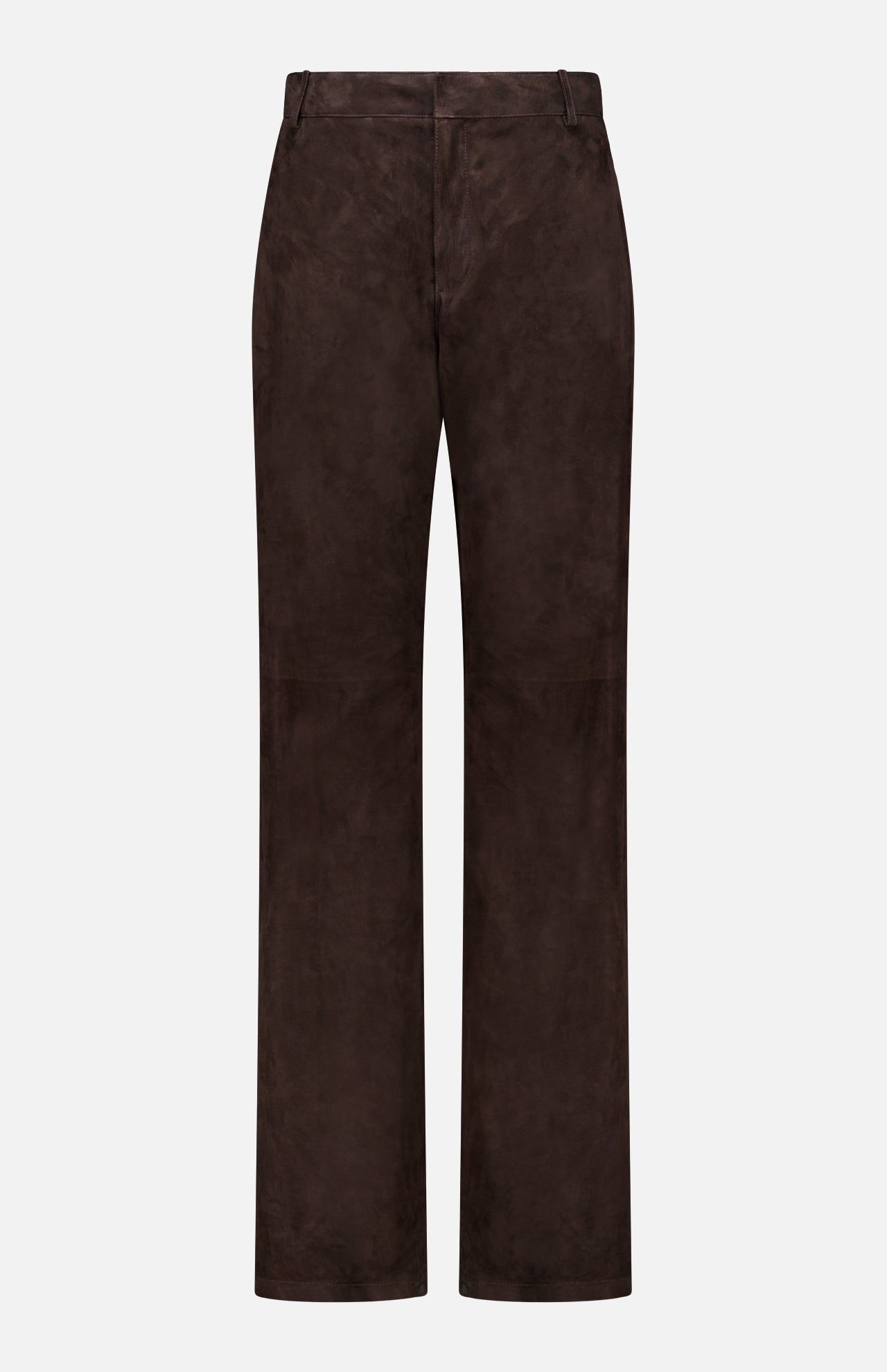 The Keegan Suede Full Length Pant by RALPH LAUREN COLLECTION is a pair of dark brown mid-rise straight leg lamb suede pants with belt loops and a flat front, made in Italy, shown against a plain white background.