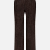 Back view of the Keegan Suede Full Length Pant by RALPH LAUREN COLLECTION in dark brown lamb suede, featuring belt loops, two back welt pockets with buttons, and mid-rise straight legs, made in Italy and shown on a white background.