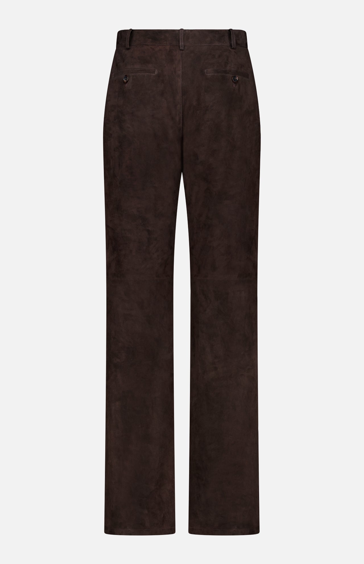 Back view of the Keegan Suede Full Length Pant by RALPH LAUREN COLLECTION in dark brown lamb suede, featuring belt loops, two back welt pockets with buttons, and mid-rise straight legs, made in Italy and shown on a white background.