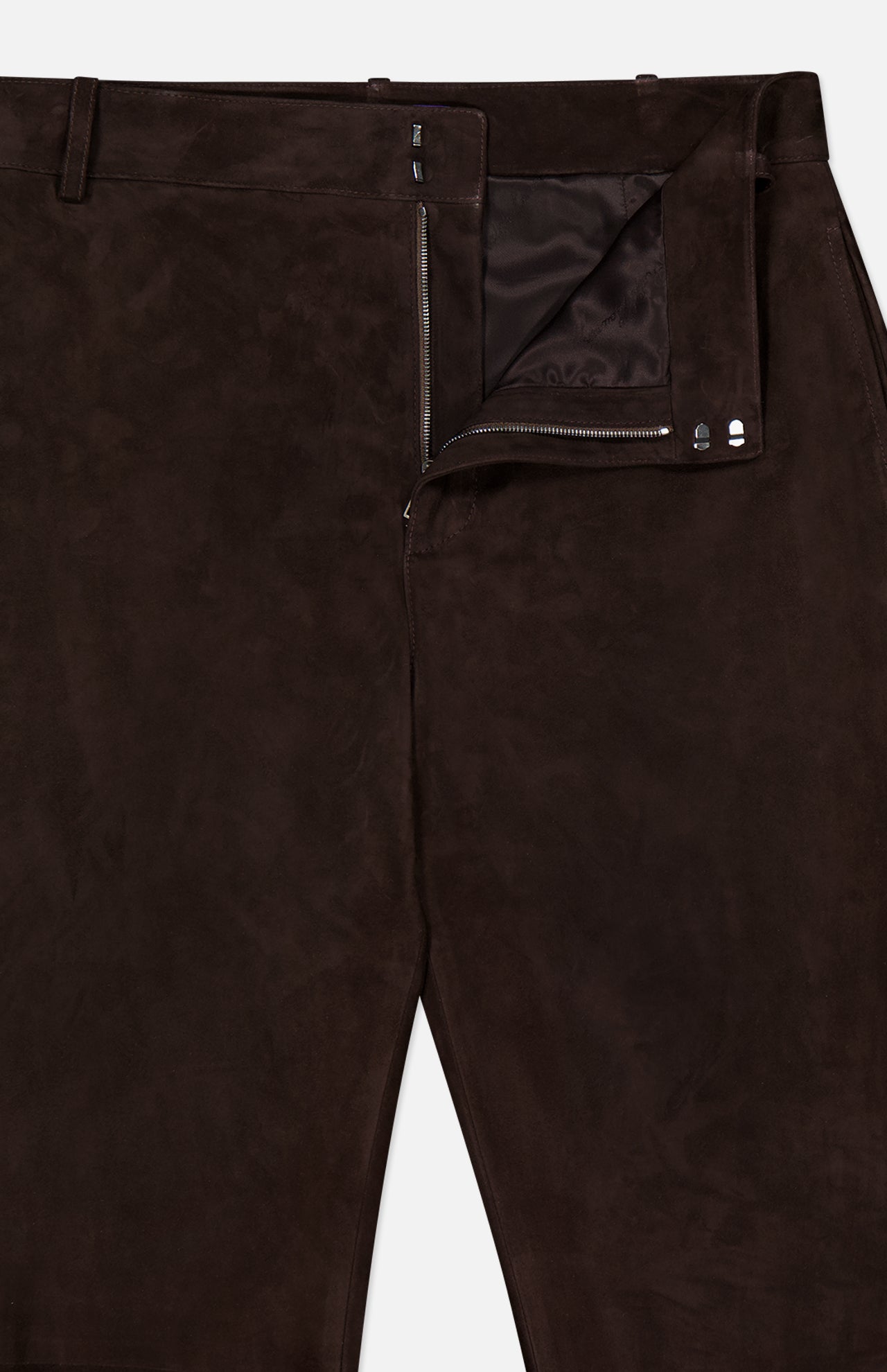 Close-up of the Keegan Suede Full Length Pant by RALPH LAUREN COLLECTION—mid-rise, straight leg lamb suede with a partially open zipper, visible button and hook fasteners at the waistband, and inside lining. Made in Italy.