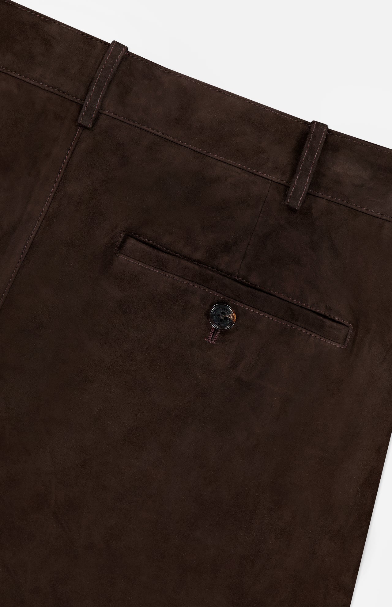 Close-up of the back pocket on the Keegan Suede Full Length Pant by RALPH LAUREN COLLECTION, in dark brown lamb suede with button closure and belt loops; mid-rise, straight leg, expertly crafted in Italy.