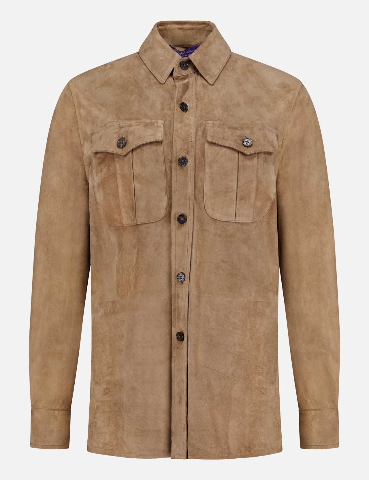 The Landry Lightweight Suede Long Sleeve Shirt by RALPH LAUREN COLLECTION is shown on a plain white background, featuring a light brown luxury suede fabric, button-up front, classic collar, long sleeves, and two chest pockets with flaps and buttons.
