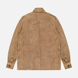 The Landry Lightweight Suede Long Sleeve Shirt from the RALPH LAUREN COLLECTION is shown laid flat on a white background with the back visible. This luxury suede shirt features a light brown hue, long sleeves with buttoned cuffs, and a classic collar for a simple, clean design.