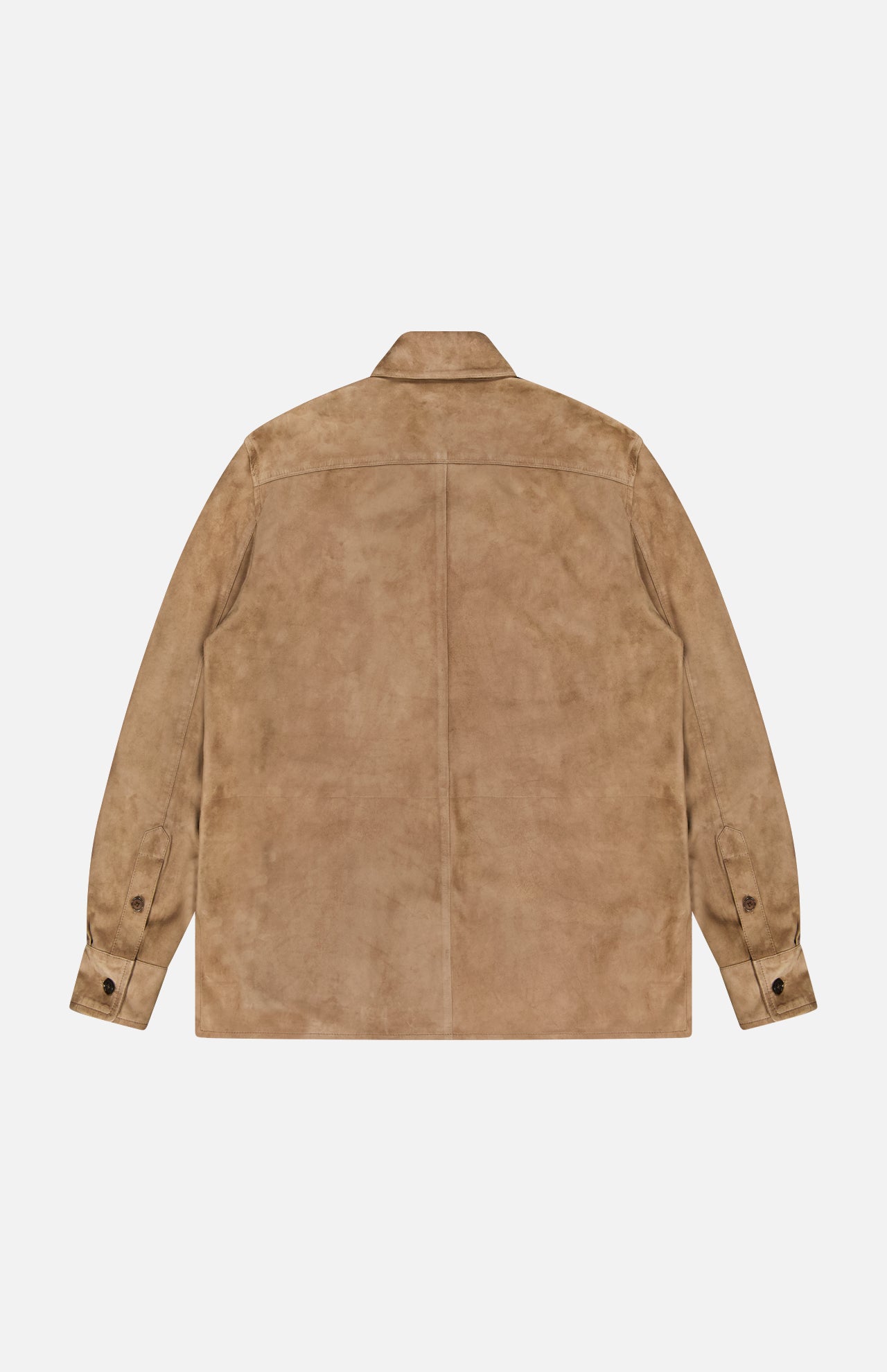 The Landry Lightweight Suede Long Sleeve Shirt from the RALPH LAUREN COLLECTION is shown laid flat on a white background with the back visible. This luxury suede shirt features a light brown hue, long sleeves with buttoned cuffs, and a classic collar for a simple, clean design.