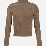 The Lofty Cashmere Turtleneck Sweater from RALPH LAUREN COLLECTION, featuring a brown cable-knit design with long sleeves, ribbed cuffs, and hem, is displayed on a plain white background.