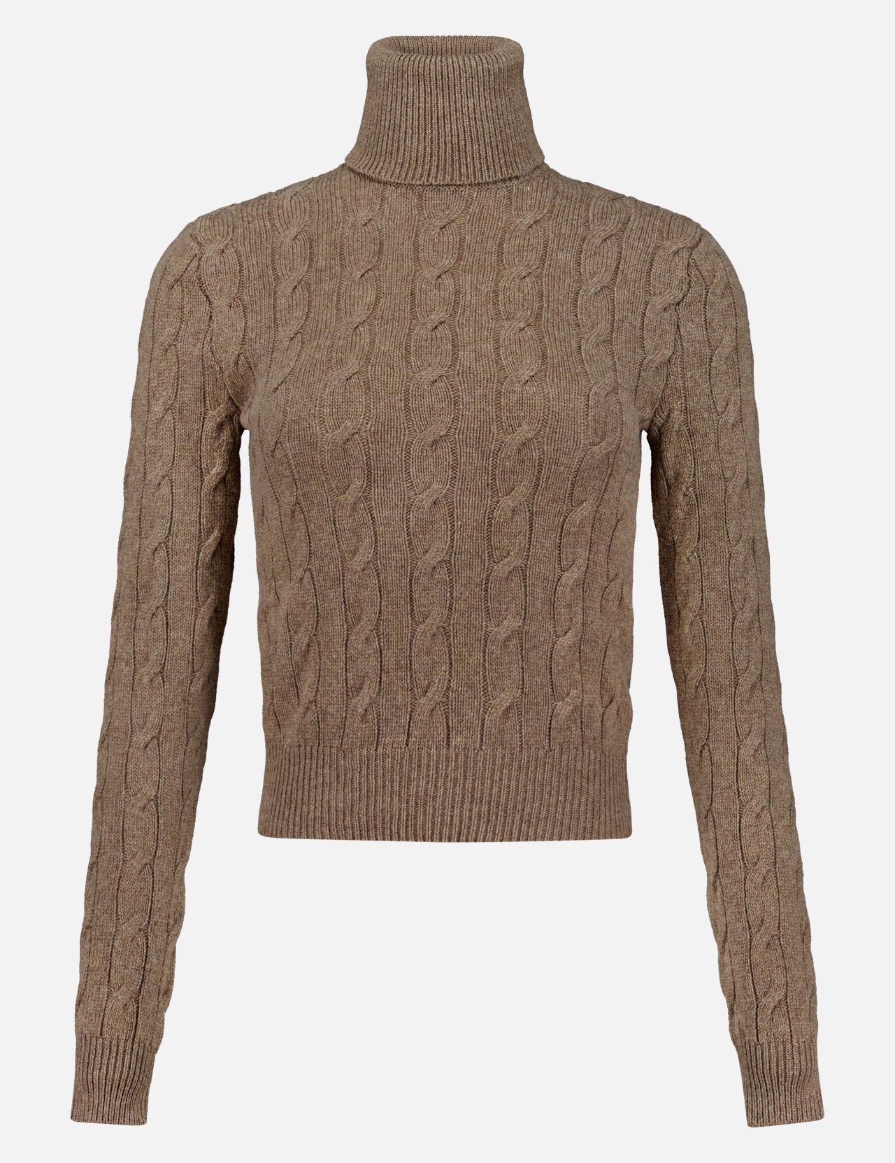The Lofty Cashmere Turtleneck Sweater from RALPH LAUREN COLLECTION, featuring a brown cable-knit design with long sleeves, ribbed cuffs, and hem, is displayed on a plain white background.