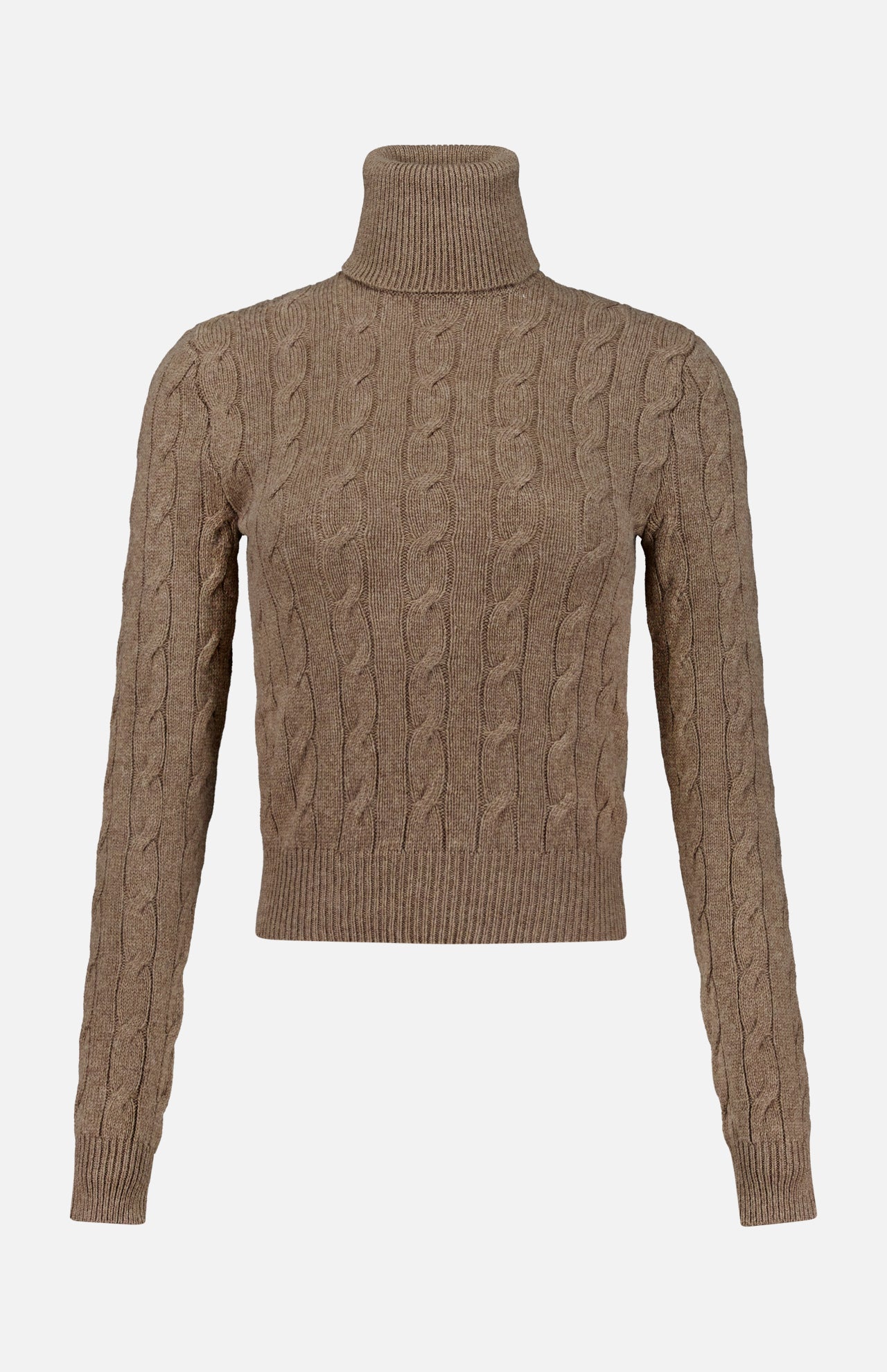 The Lofty Cashmere Turtleneck Sweater from RALPH LAUREN COLLECTION, featuring a brown cable-knit design with long sleeves, ribbed cuffs, and hem, is displayed on a plain white background.