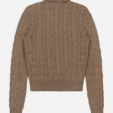 The Lofty Cashmere Turtleneck Sweater by RALPH LAUREN COLLECTION is shown flat on a white background. This brown Italian cashmere sweater features a cable-knit design, long sleeves, and ribbed cuffs, hem, and turtleneck.