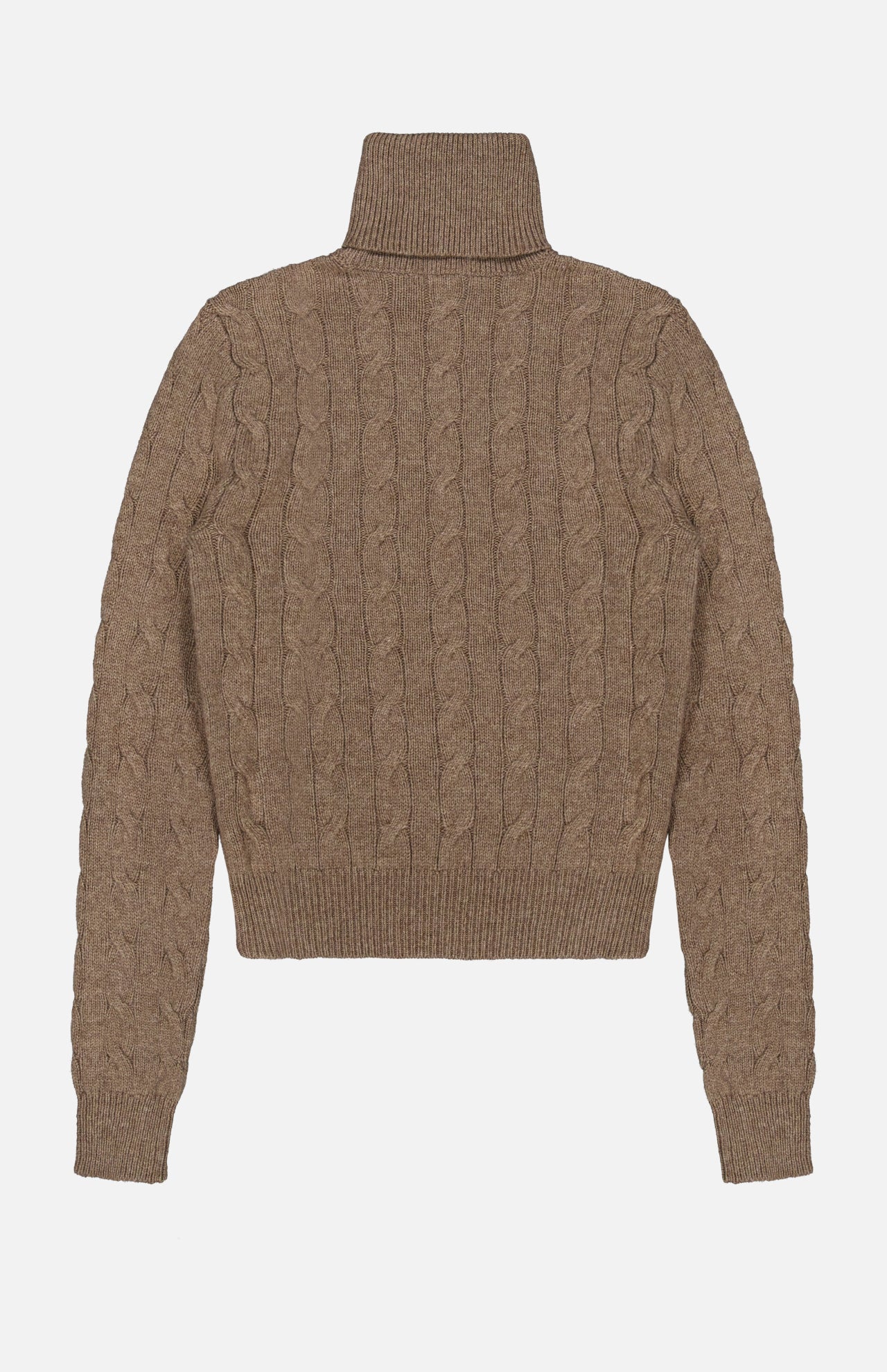 The Lofty Cashmere Turtleneck Sweater by RALPH LAUREN COLLECTION is shown flat on a white background. This brown Italian cashmere sweater features a cable-knit design, long sleeves, and ribbed cuffs, hem, and turtleneck.