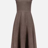 The Maisy Twill Jersey Short Sleeve Day Dress by RALPH LAUREN COLLECTION features a taupe hue, fitted bodice, A-line silhouette, cap sleeves, flared skirt, and a cut-out neckline—all shown on a plain white background.