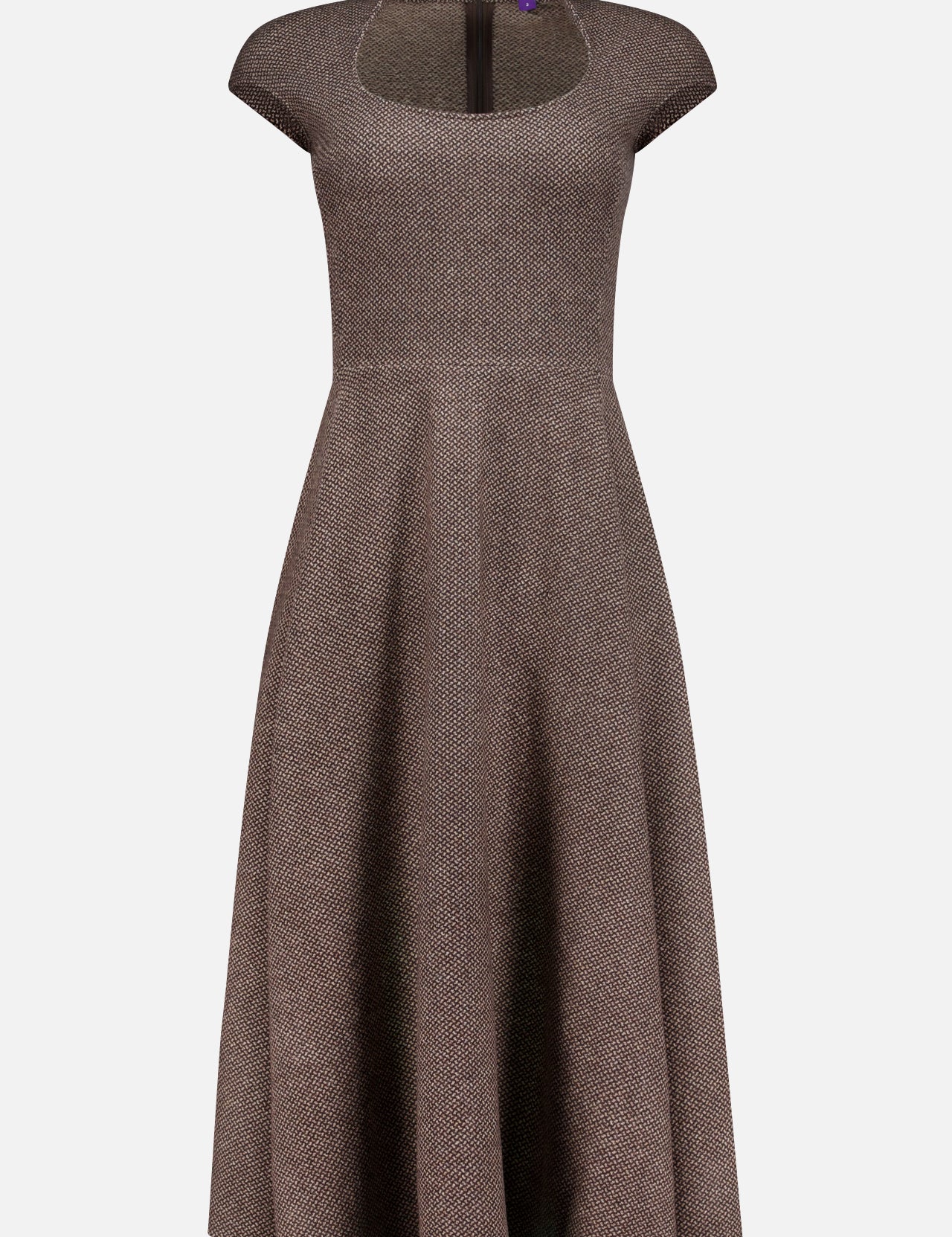 The Maisy Twill Jersey Short Sleeve Day Dress by RALPH LAUREN COLLECTION features a taupe hue, fitted bodice, A-line silhouette, cap sleeves, flared skirt, and a cut-out neckline—all shown on a plain white background.