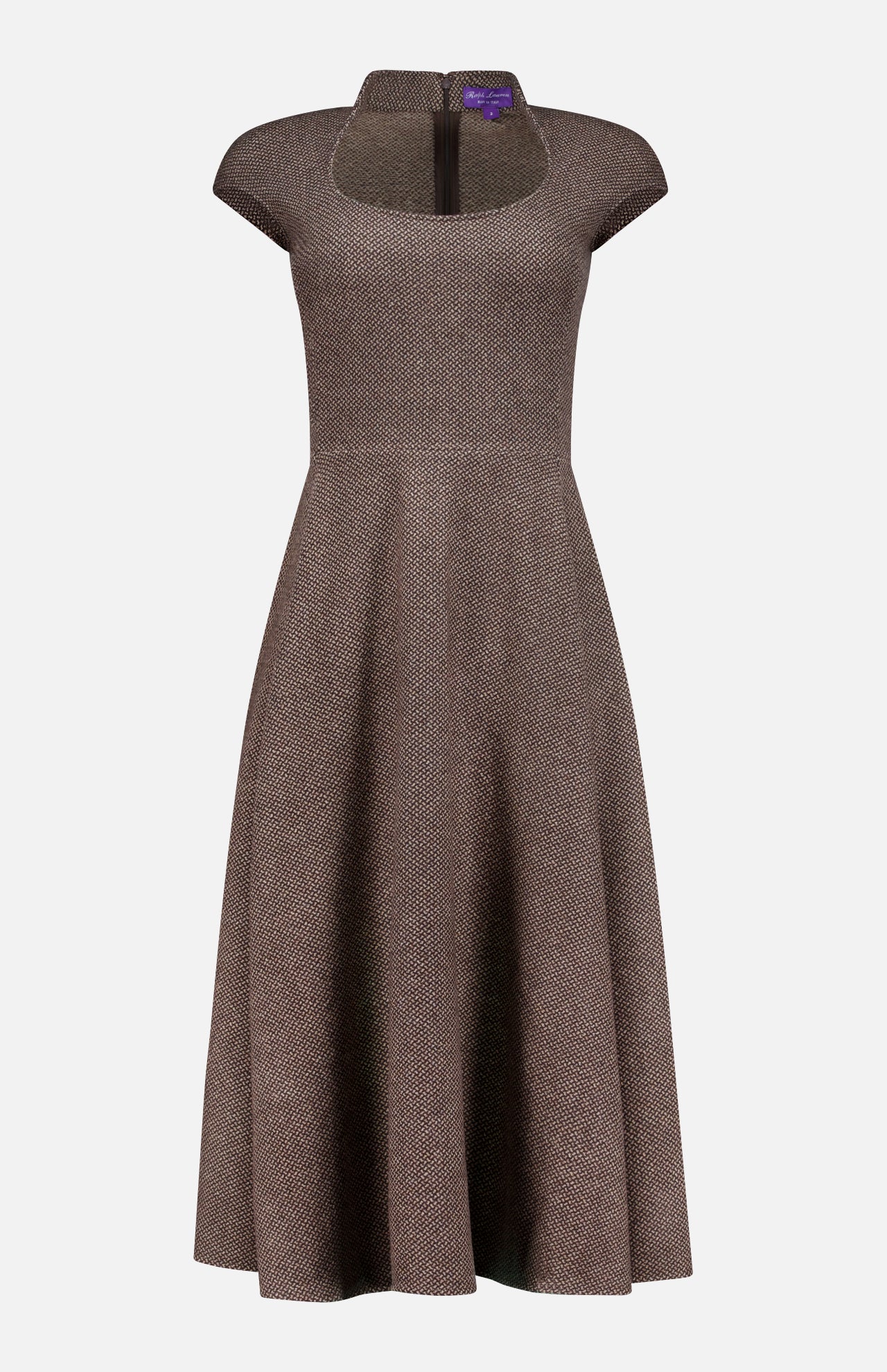The Maisy Twill Jersey Short Sleeve Day Dress by RALPH LAUREN COLLECTION features a taupe hue, fitted bodice, A-line silhouette, cap sleeves, flared skirt, and a cut-out neckline—all shown on a plain white background.