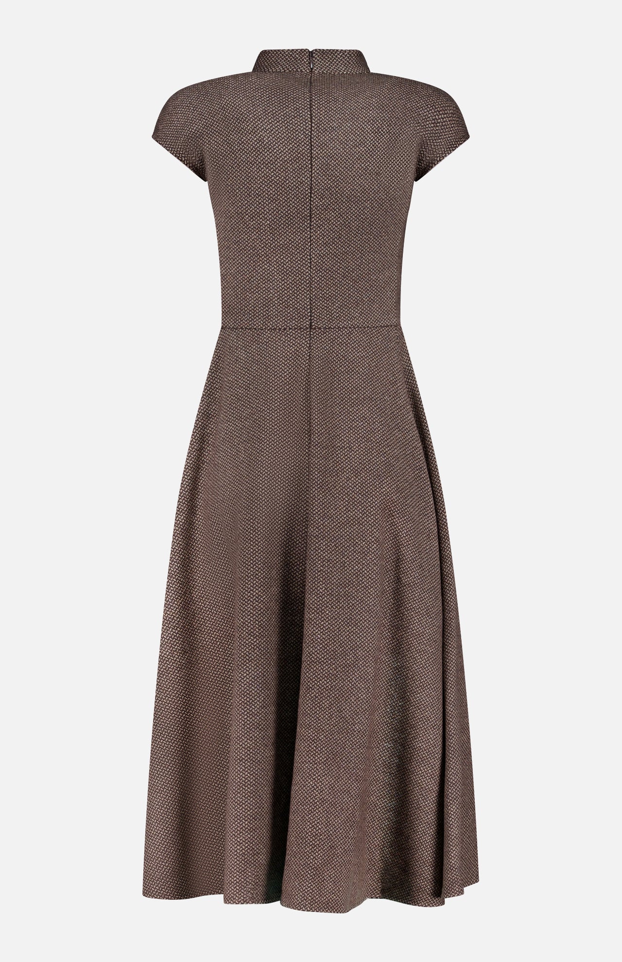Back view of the Maisy Twill Jersey Short Sleeve Day Dress by RALPH LAUREN COLLECTION, featuring an A-line silhouette, fitted bodice, high neckline, knee-length skirt with slight flare, and subtle textured twill.