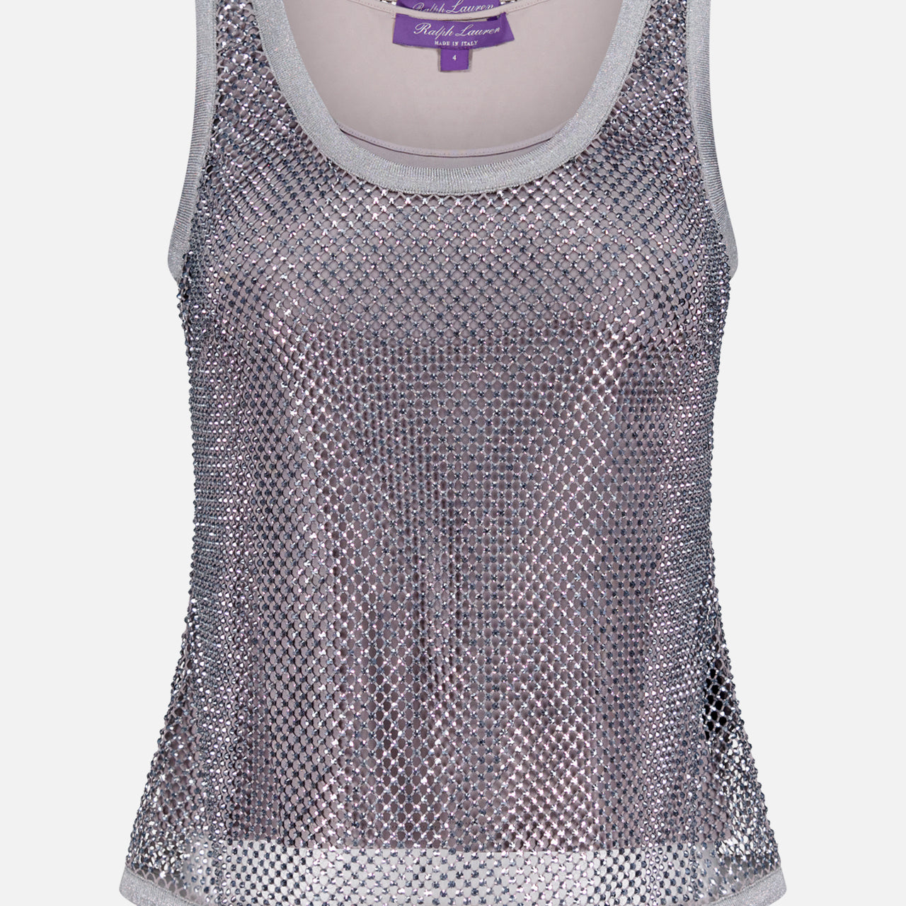 The Melony Sleeveless Blouse by RALPH LAUREN COLLECTION is a silver, mesh-textured tank with a scoop neckline, made in Italy and shown on a plain white background.