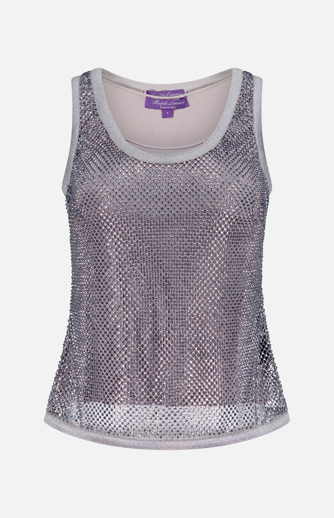 The Melony Sleeveless Blouse by RALPH LAUREN COLLECTION is a silver, mesh-textured tank with a scoop neckline, made in Italy and shown on a plain white background.