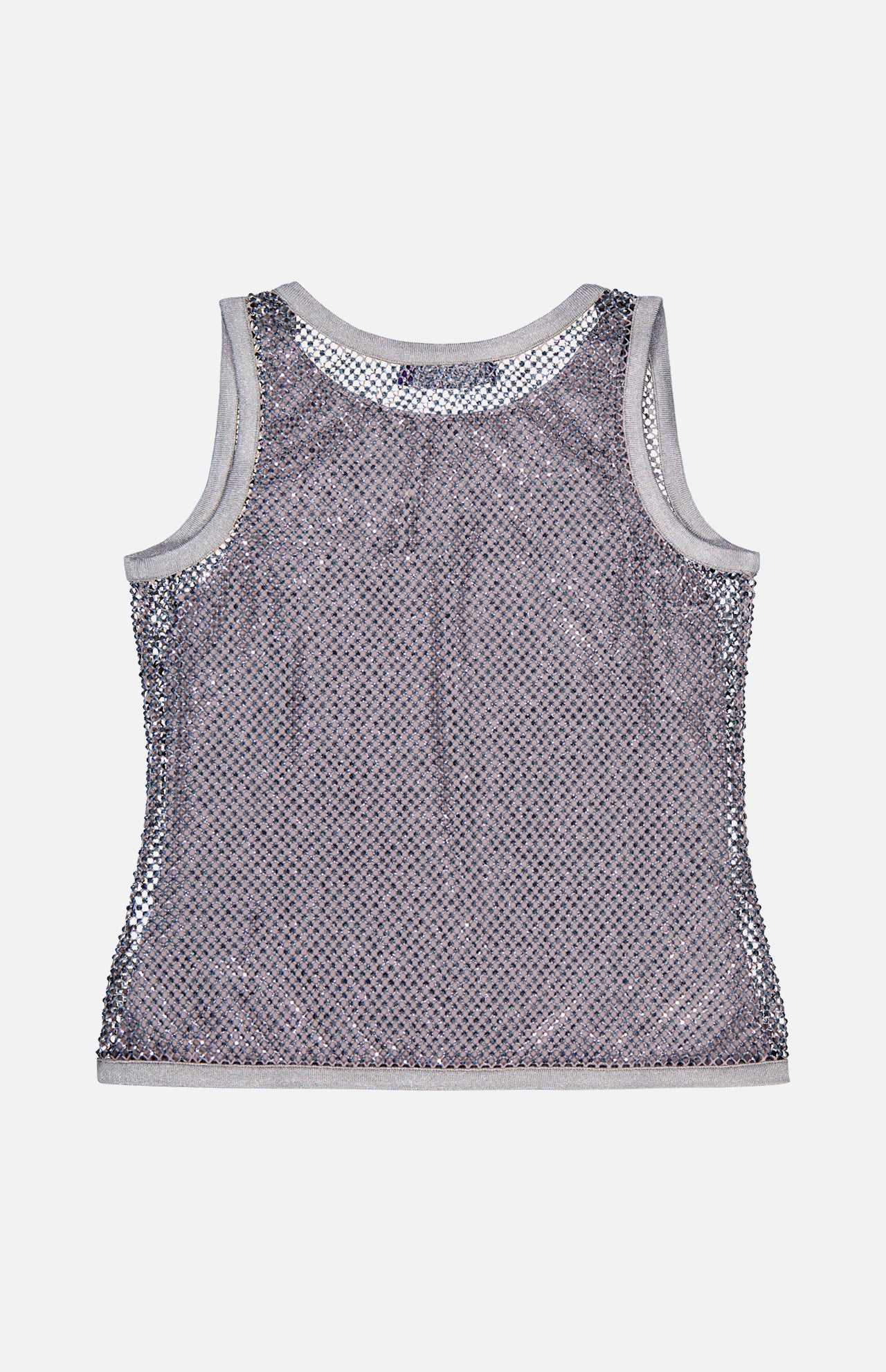 The Melony Sleeveless Blouse by RALPH LAUREN COLLECTION is a silver mesh top with rhinestones and small reflective sequins, shown flat against a plain light gray background.