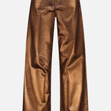 The Mercer Cotton Denim Full Length Wide Pant by RALPH LAUREN COLLECTION features a metallic bronze finish, wide-leg fit, front and back pockets, belt loops, and button closure—giving a modern edge to classic denim style.