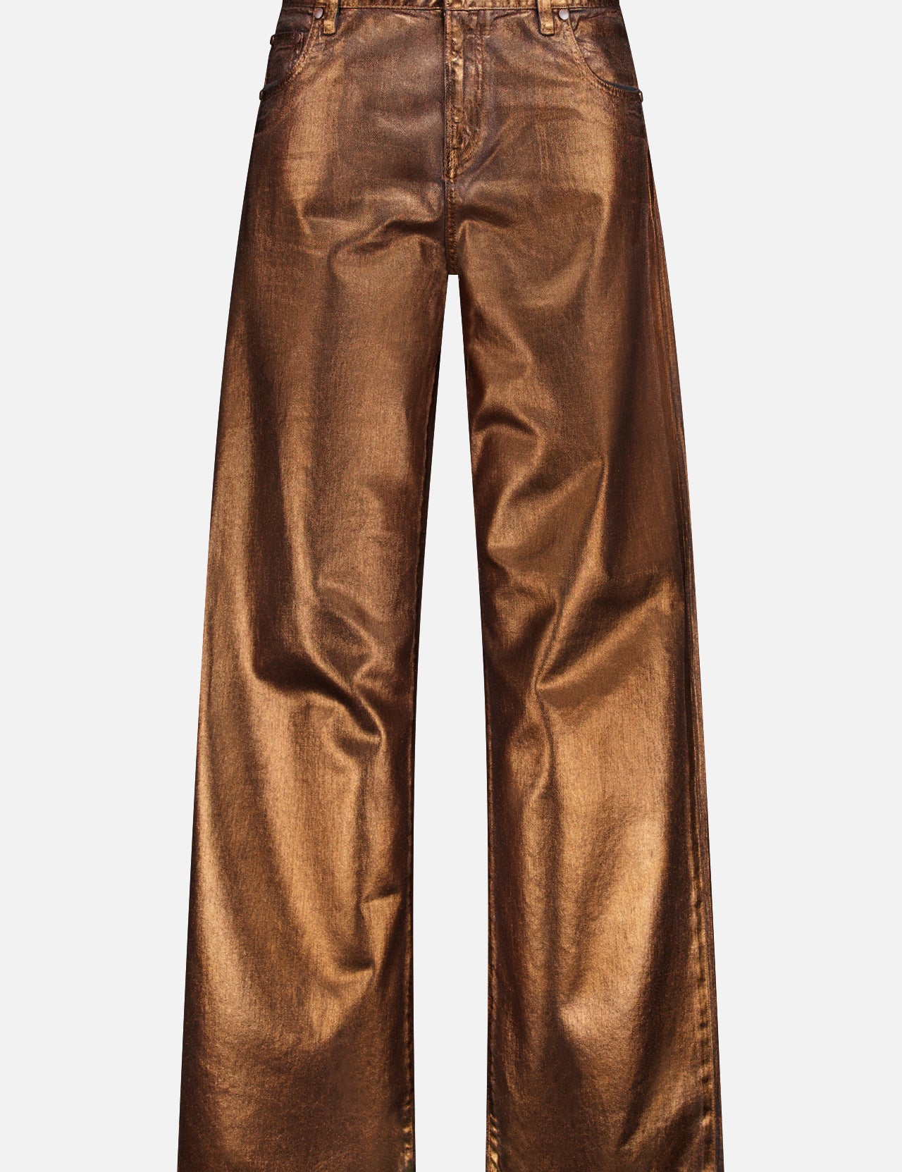 The Mercer Cotton Denim Full Length Wide Pant by RALPH LAUREN COLLECTION features a metallic bronze finish, wide-leg fit, front and back pockets, belt loops, and button closure—giving a modern edge to classic denim style.