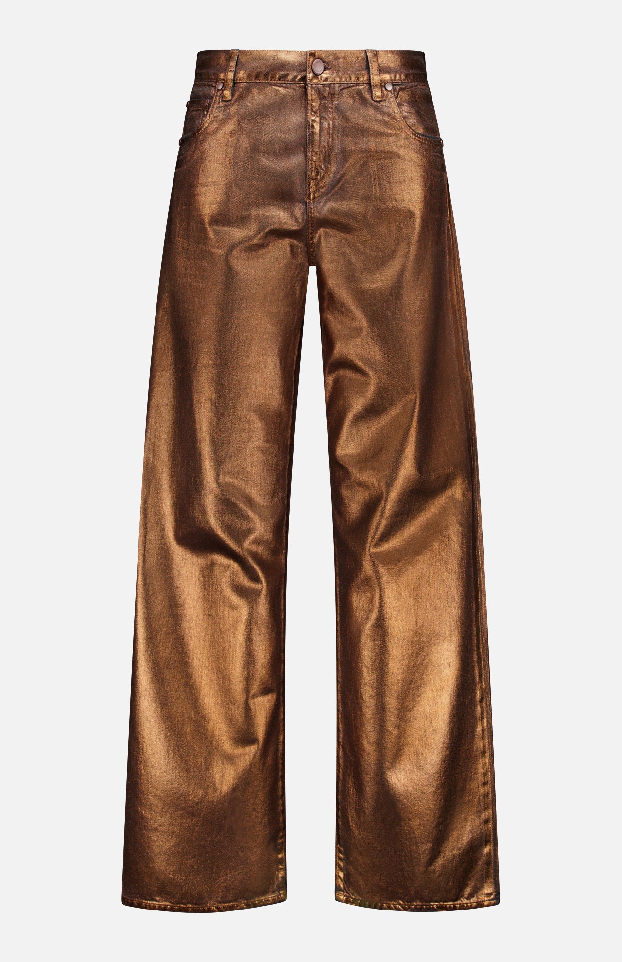 The Mercer Cotton Denim Full Length Wide Pant by RALPH LAUREN COLLECTION features a metallic bronze finish, wide-leg fit, front and back pockets, belt loops, and button closure—giving a modern edge to classic denim style.