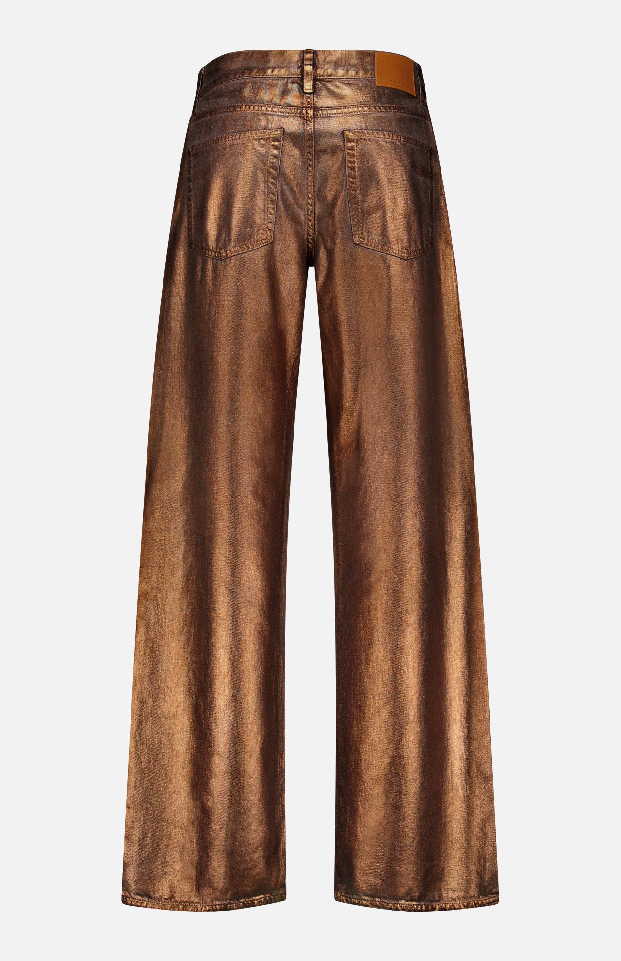 The Mercer Cotton Denim Full Length Wide Pant by RALPH LAUREN COLLECTION features a metallic bronze wide-leg design, two back pockets, a leather waistband patch, and a shiny, reflective finish.