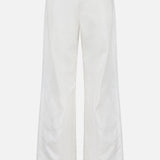 The Mercer Wide Leg Jeans by RALPH LAUREN COLLECTION are white, high-waisted, wide-leg jeans in eco stone-washed denim with a button and zip closure, front and back pockets, a subtle sheen, and made in Italy. Displayed on a plain white background.