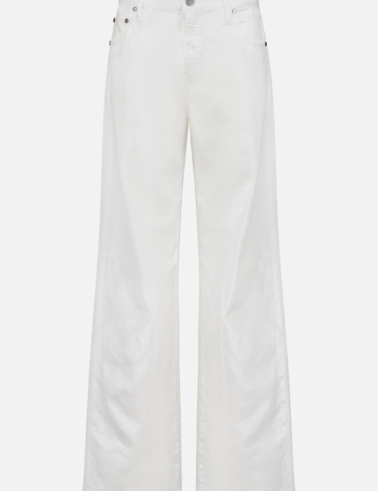 The Mercer Wide Leg Jeans by RALPH LAUREN COLLECTION are white, high-waisted, wide-leg jeans in eco stone-washed denim with a button and zip closure, front and back pockets, a subtle sheen, and made in Italy. Displayed on a plain white background.