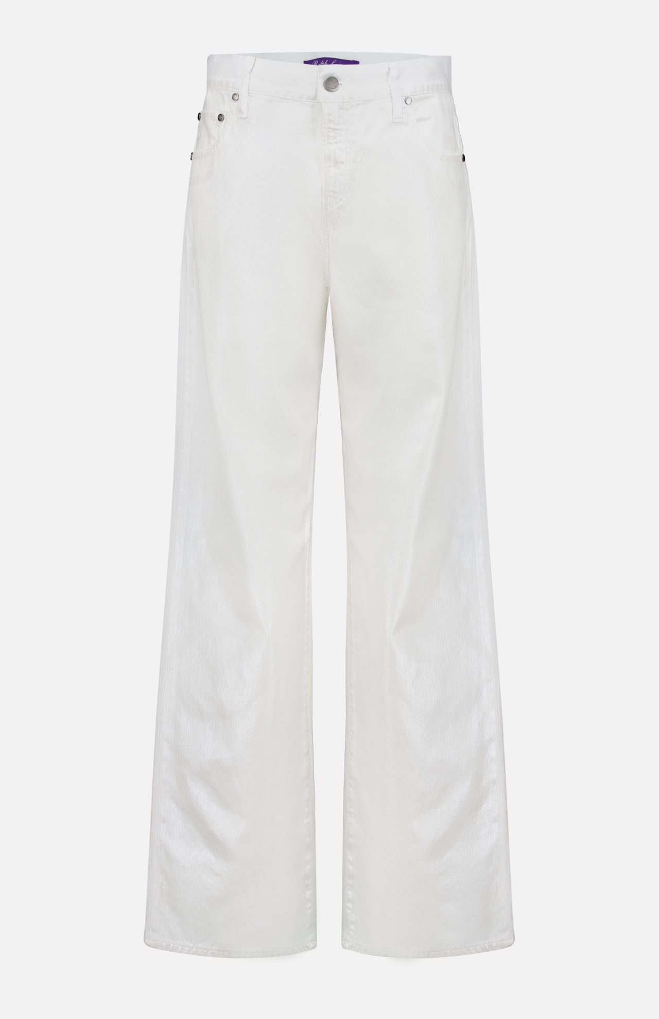 The Mercer Wide Leg Jeans by RALPH LAUREN COLLECTION are white, high-waisted, wide-leg jeans in eco stone-washed denim with a button and zip closure, front and back pockets, a subtle sheen, and made in Italy. Displayed on a plain white background.
